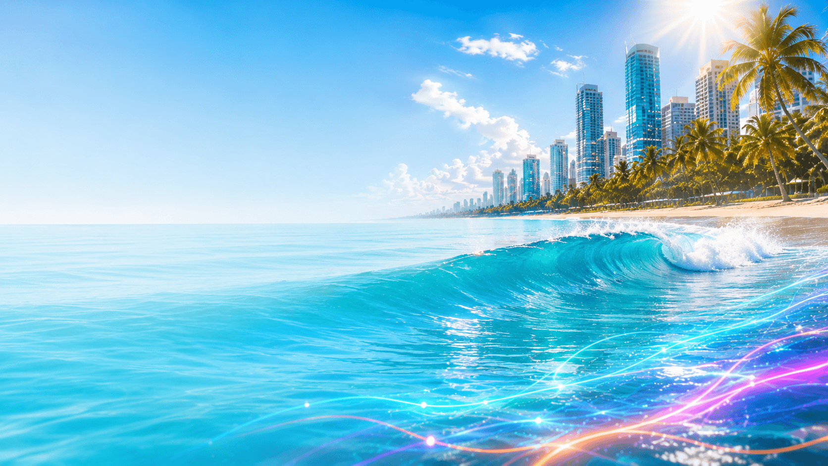 Surfer riding a wave with tropical skyline